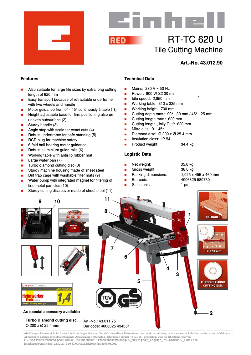 Page 1 de la notice Fiche technique Einhell RT-TC 620 U