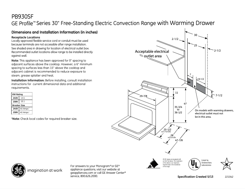 Page 1 of the manual Technical Sheet GE Profile PB930SFSS
