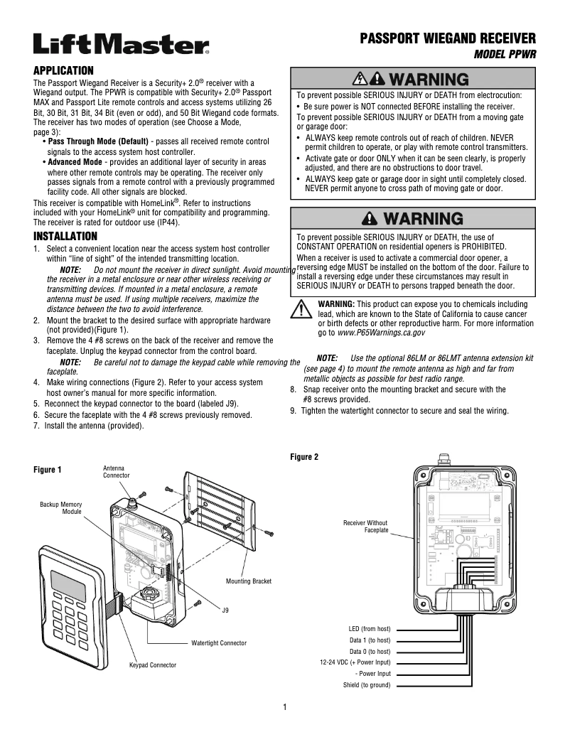 Page 1 of the manual User Manual LiftMaster PPWR