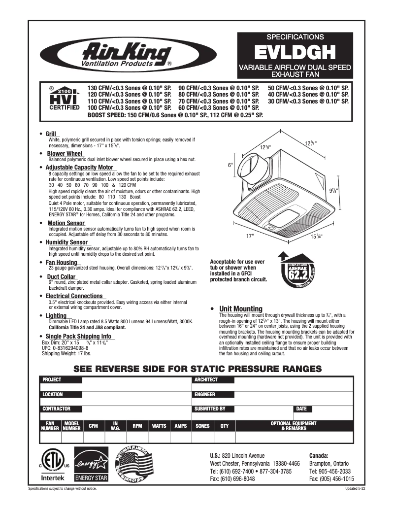 Page n°1 - Fiche technique Air King EVLDGH