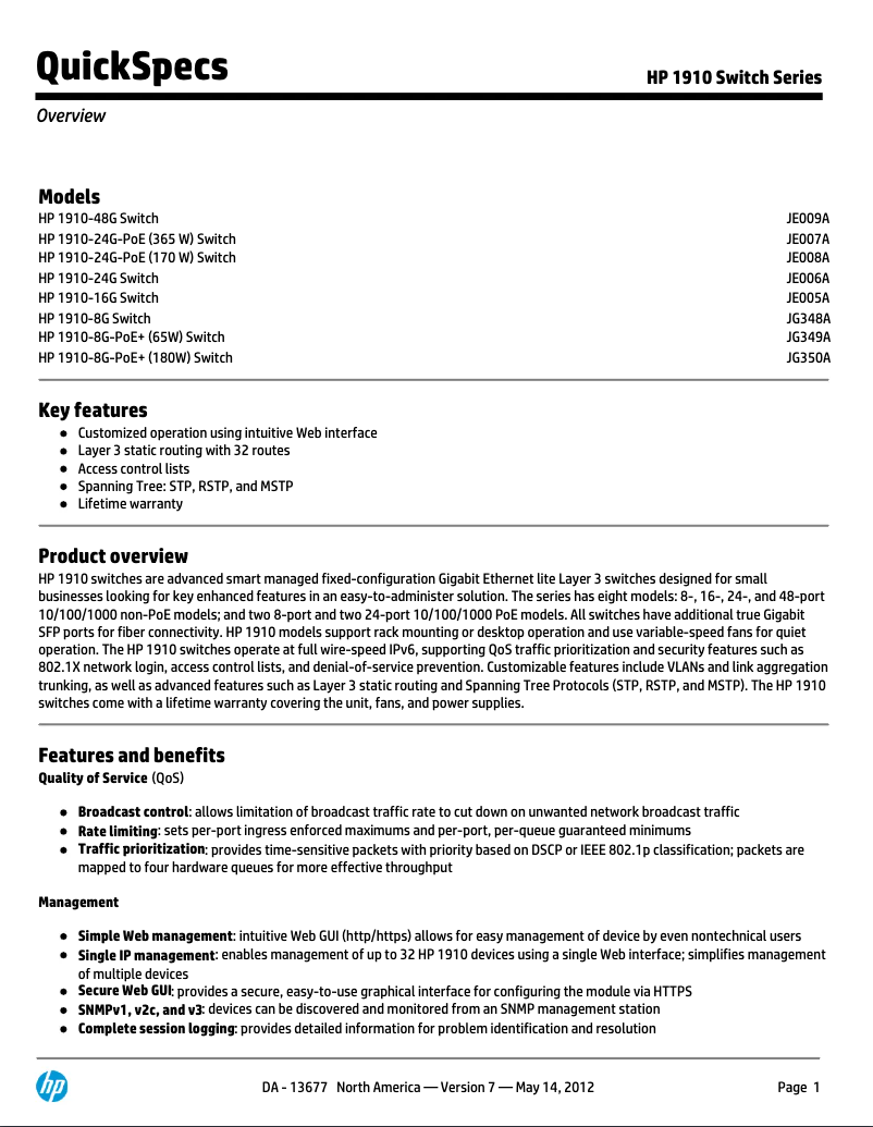 Page 1 de la notice Manuel utilisateur HP 1910-8G