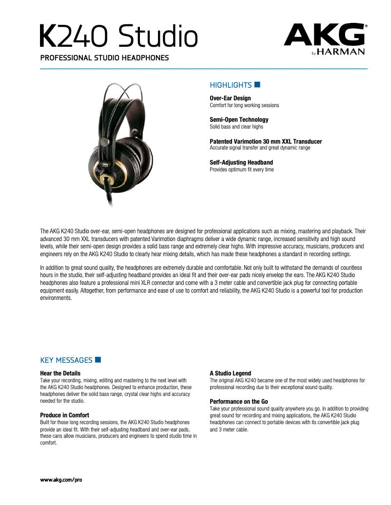 Page 1 de la notice Fiche technique AKG K240 Studio