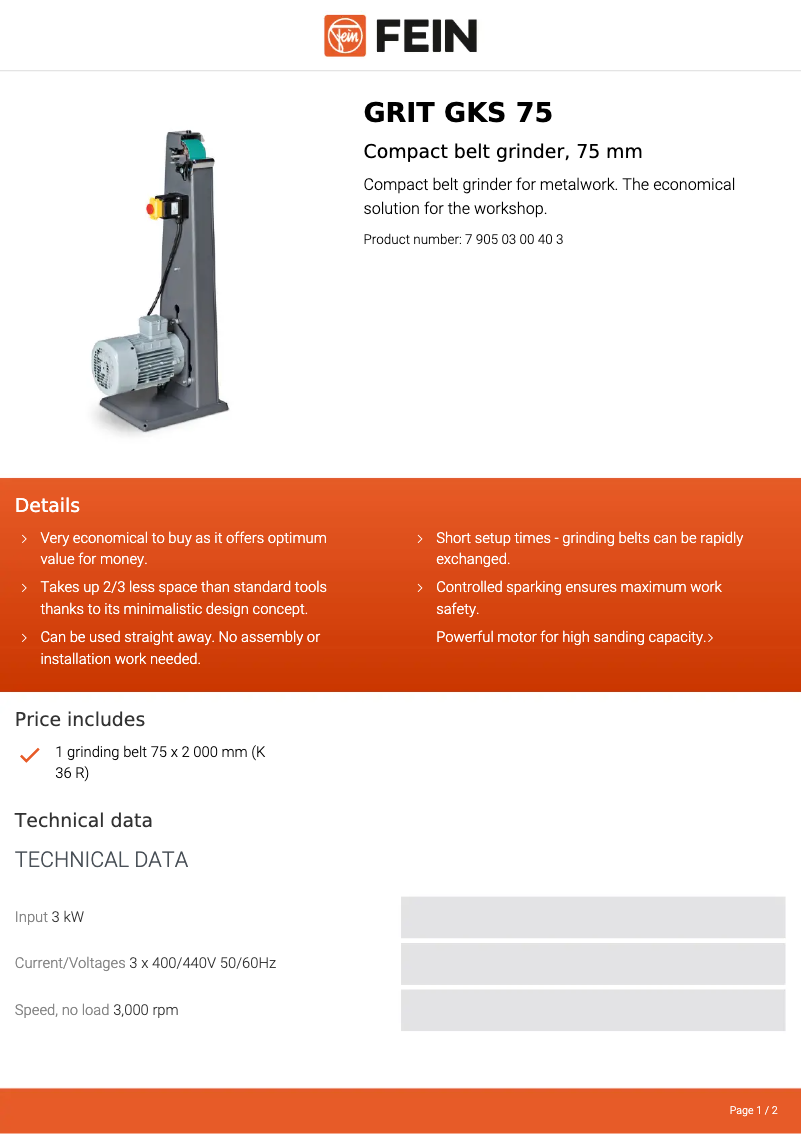Página 1 del manual Ficha técnica Fein GRIT GKS 75