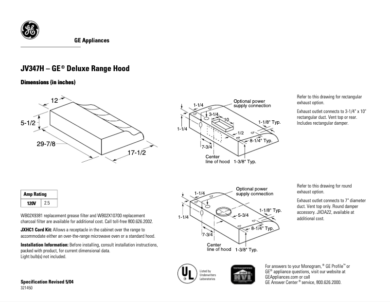Page n°1 - Fiche technique GE JV347HCC