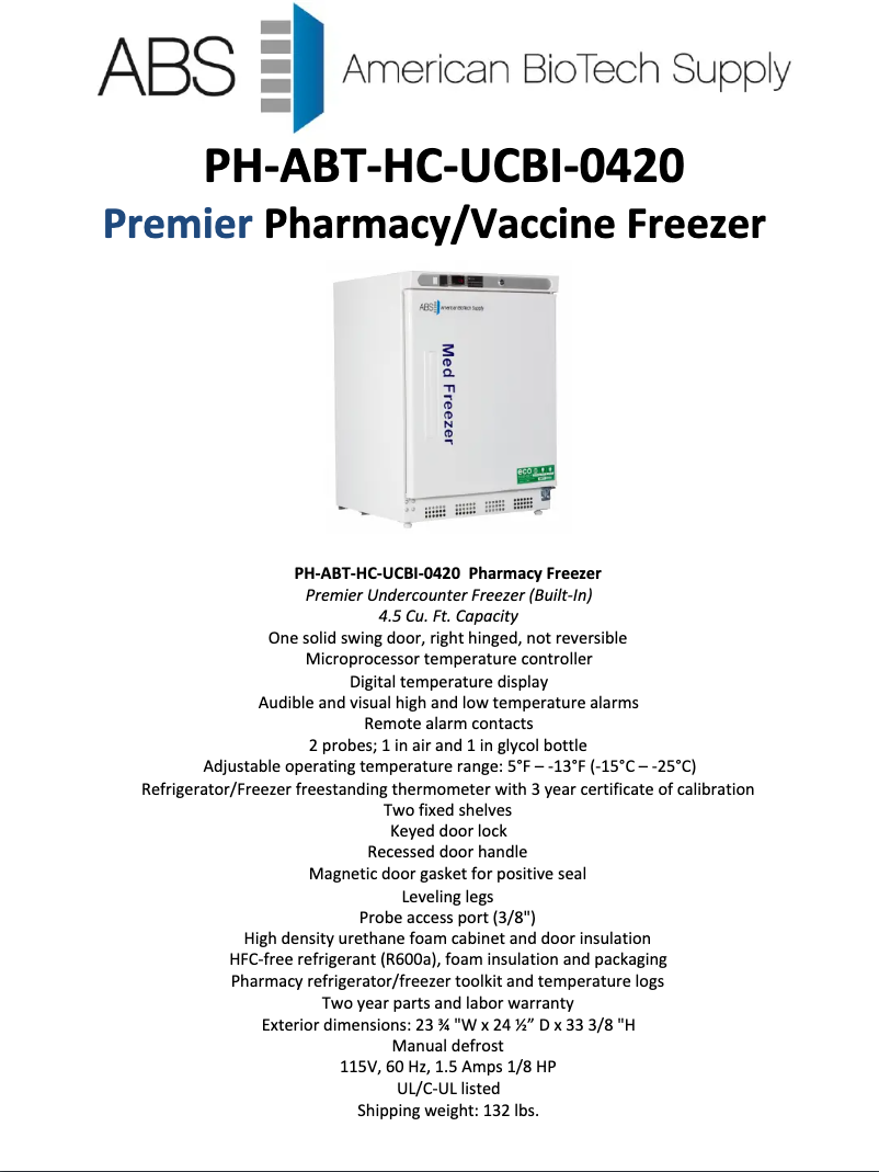 Page 1 de la notice Fiche technique American BioTech Supply PH-ABT-HC-UCBI-0420