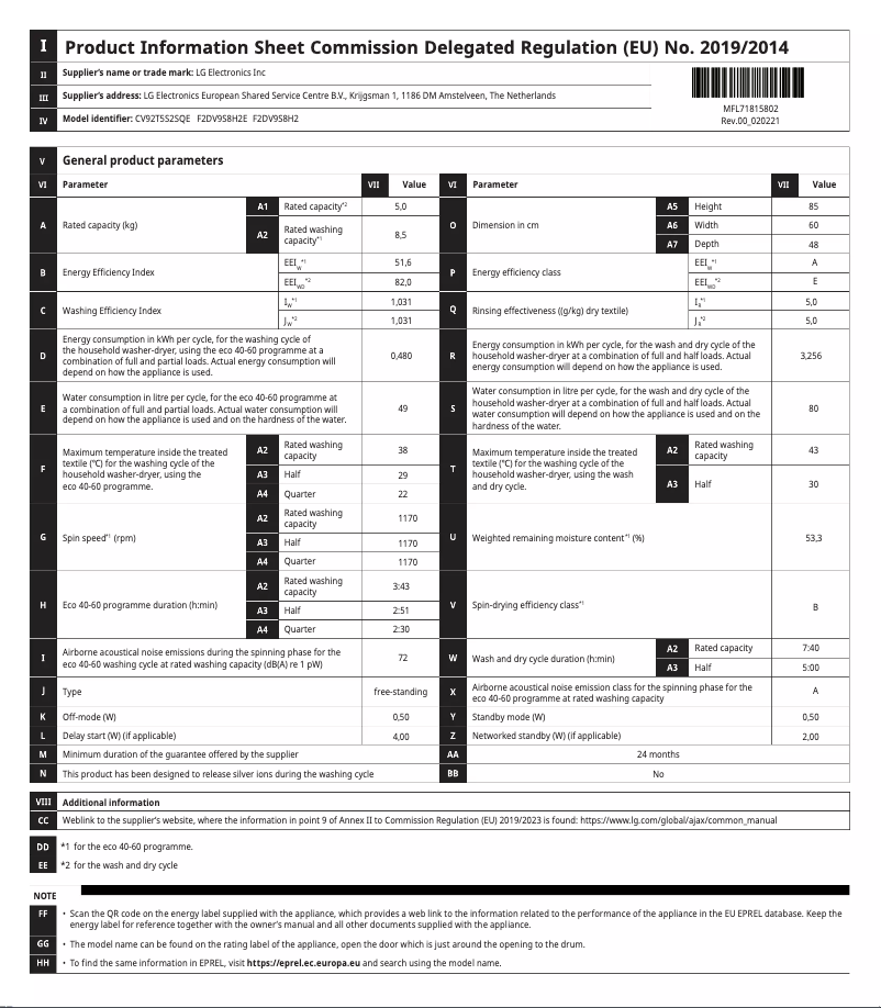 Page 1 de la notice Manuel utilisateur LG F2DV9S8H2E