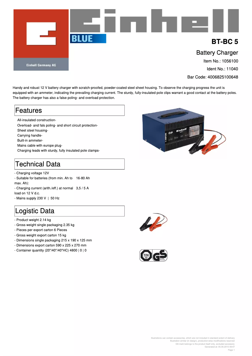 Page 1 de la notice Fiche technique Einhell BT-BC 5