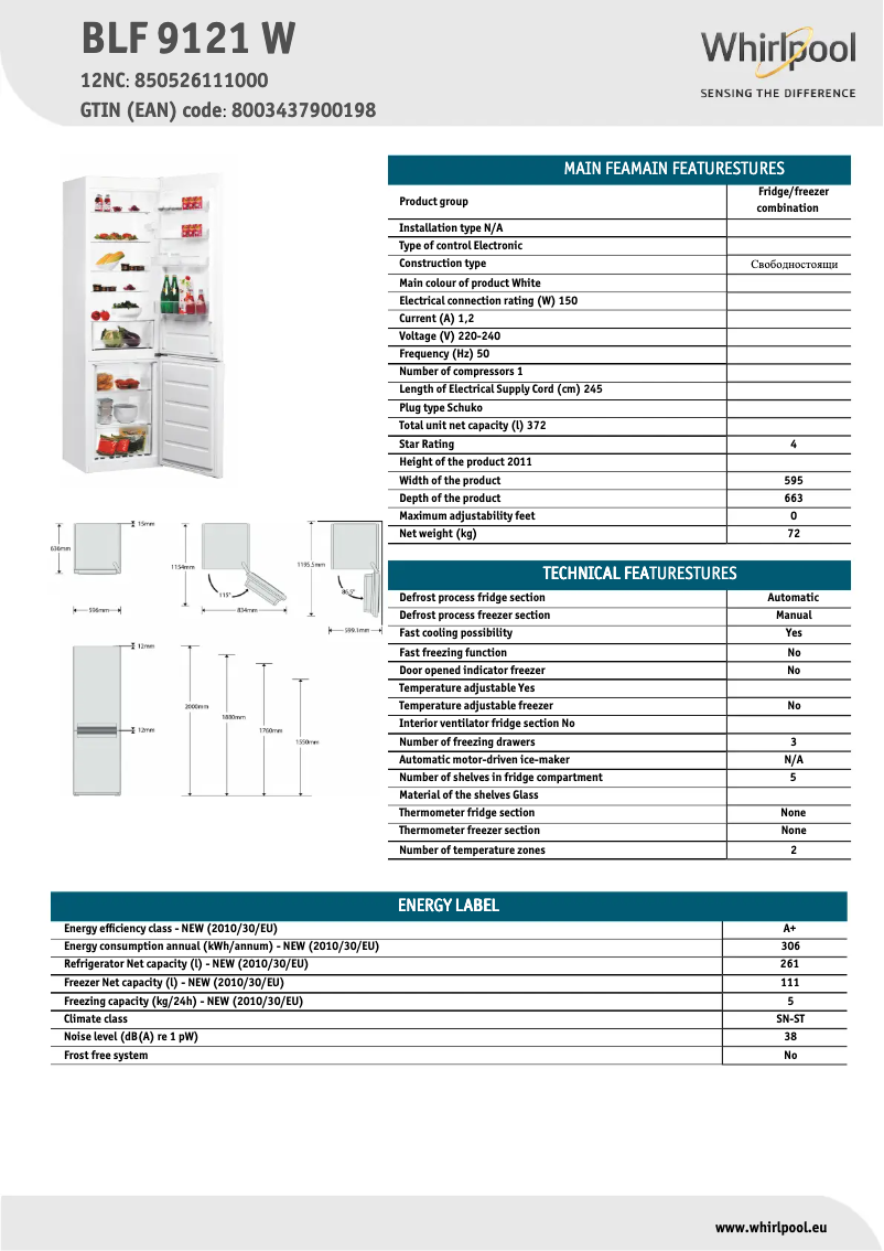 Page 1 de la notice Fiche technique Whirlpool BLF 9121 W