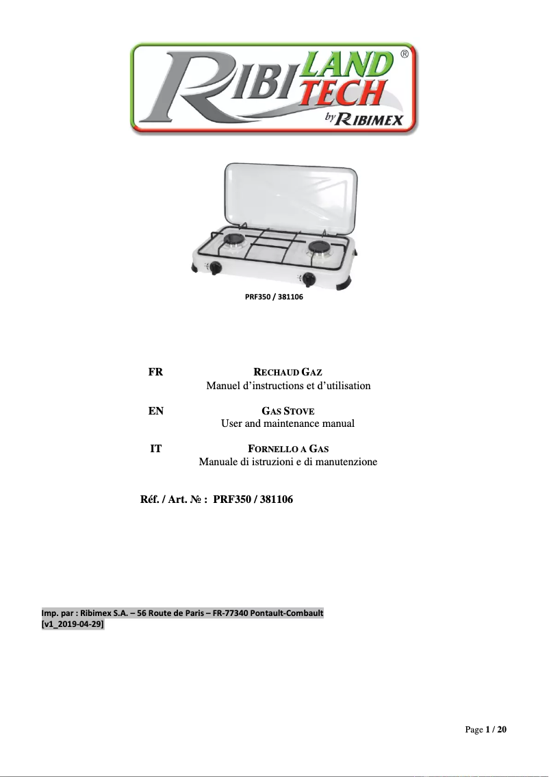 Image de la première page du manuel de l'appareil PRF350