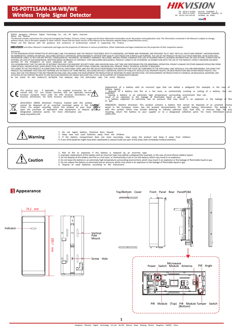 Page 1 de la notice Manuel utilisateur Hikvision DS-PDTT15AM-LM-WB