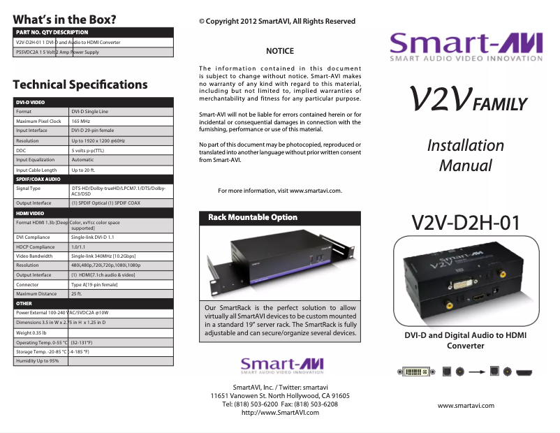 Page 1 de la notice Manuel utilisateur Smart-AVI V2V-D2H-01