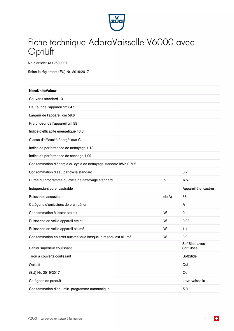 Page 1 de la notice Fiche technique V-Zug AdoraVaisselle V6000
