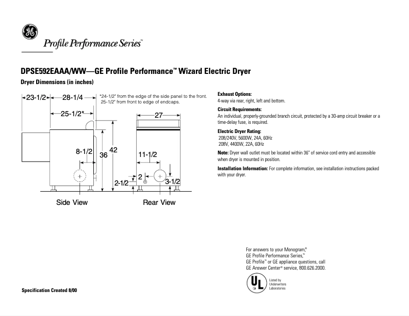 Page n°1 - Fiche technique GE Profile Wizard DPSE592EAAA