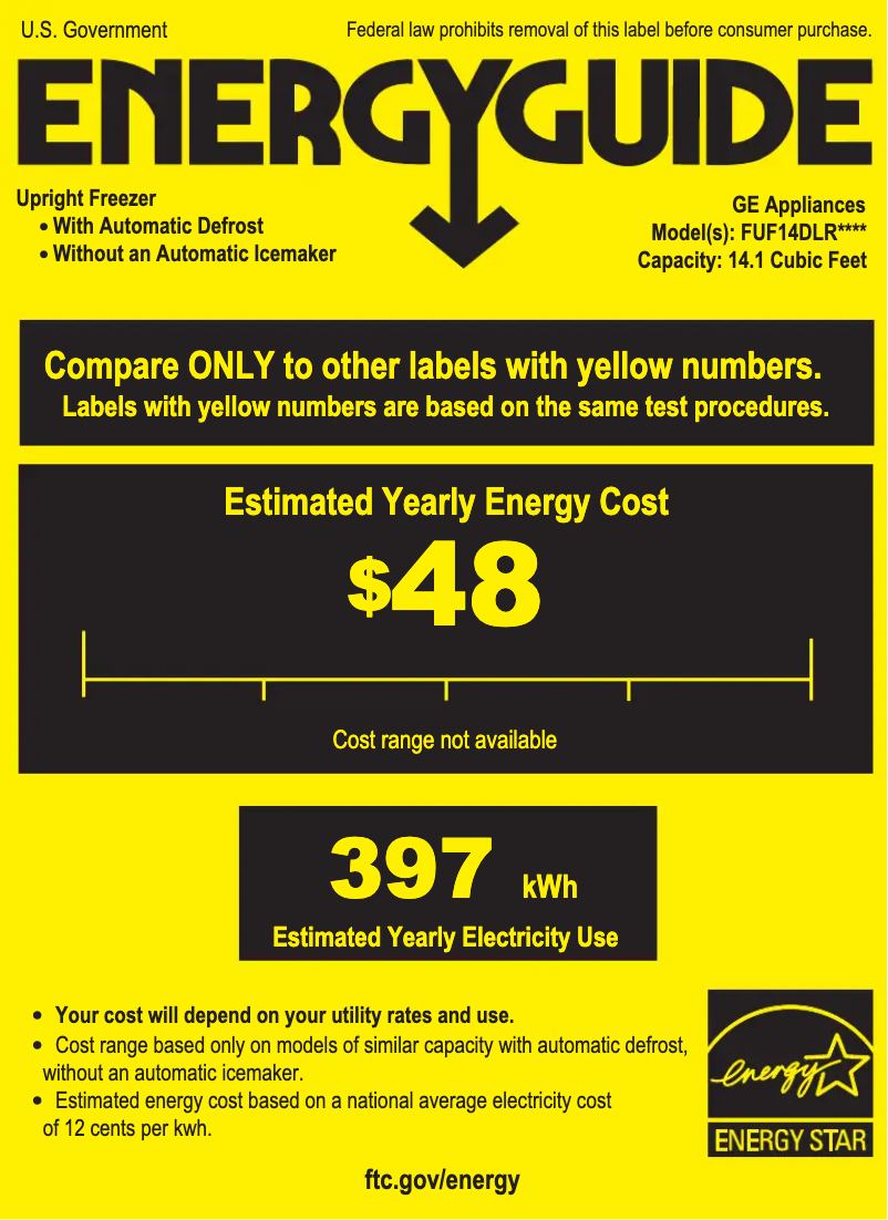 Page 1 de la notice Label énergétique GE FUF14DLRWW