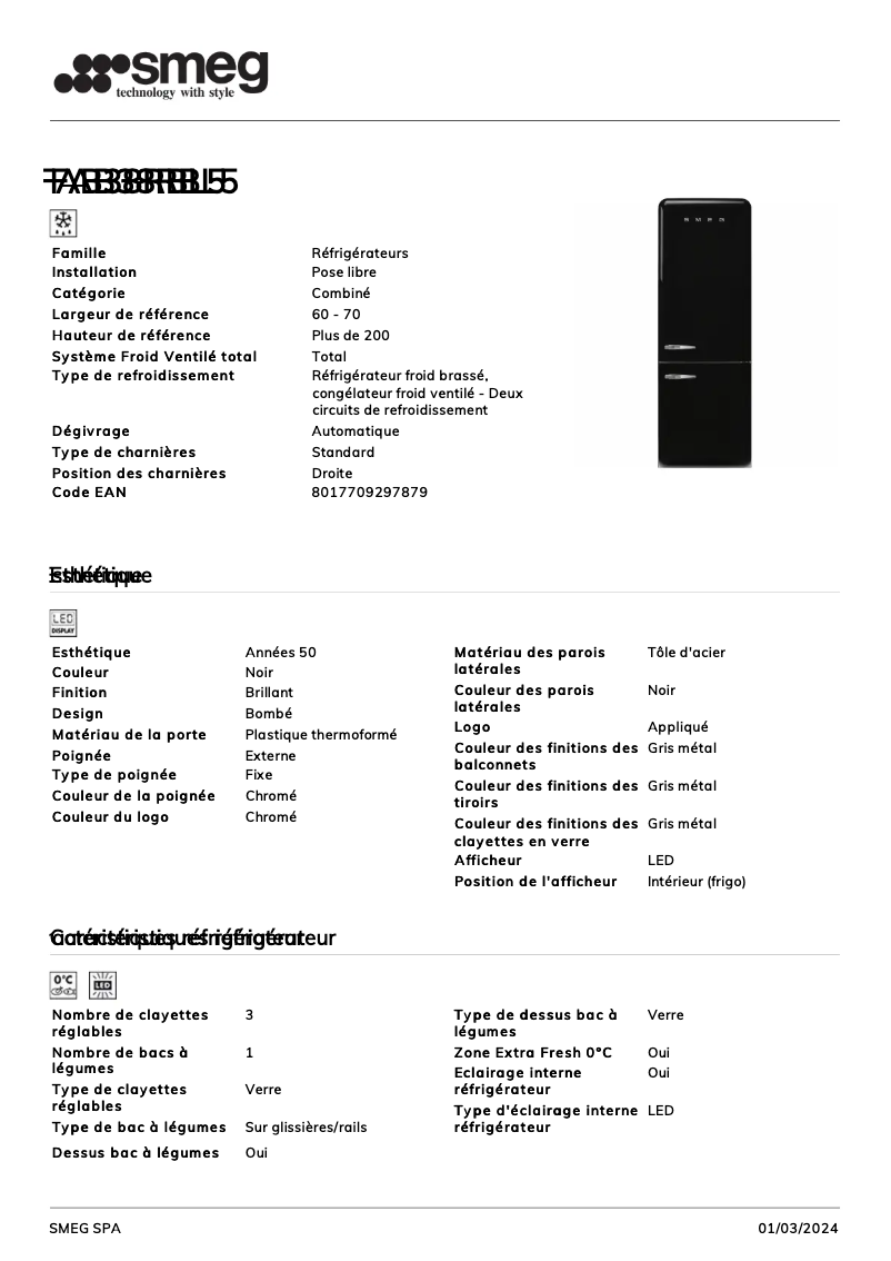 Page n°1 - Fiche technique Smeg FAB38RBL5