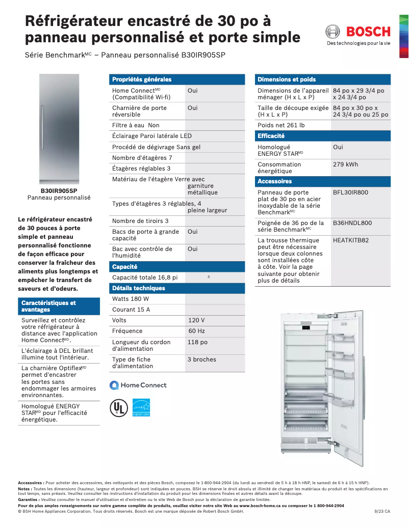 Page 1 de la notice Fiche technique Bosch B30IR905SP