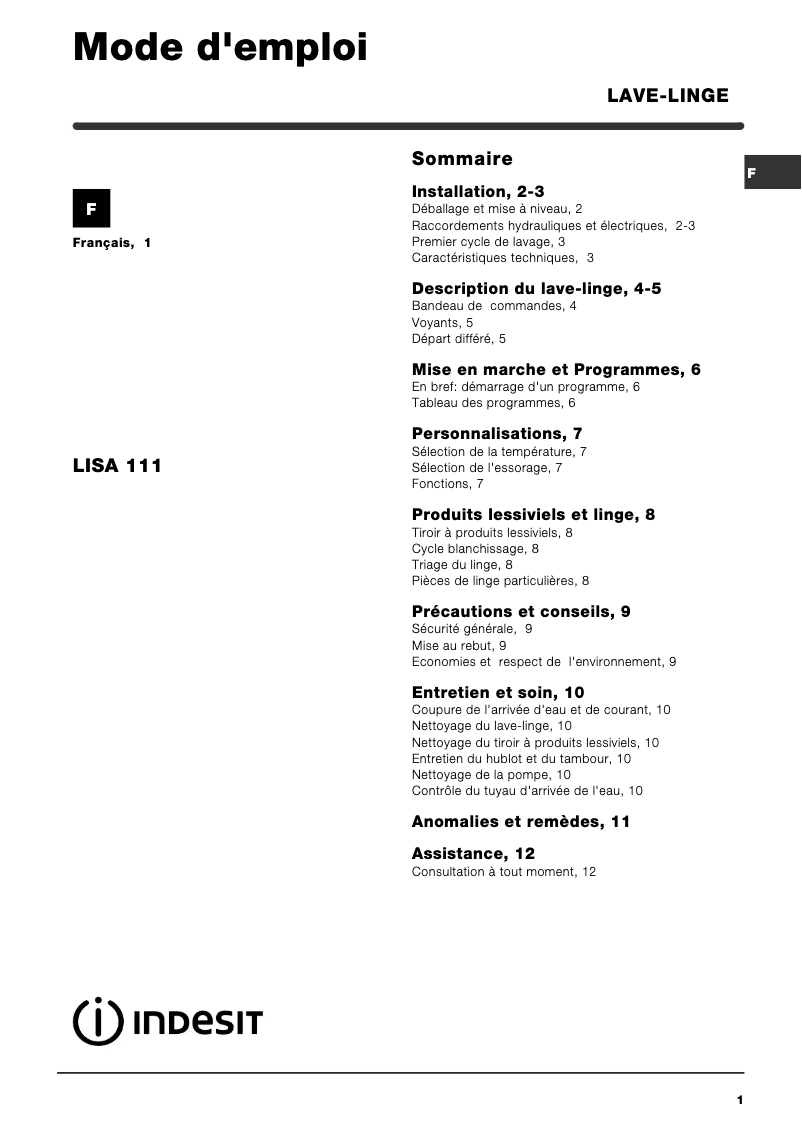 Page n°1 - Manuel utilisateur Indesit LISA 111 (FR)