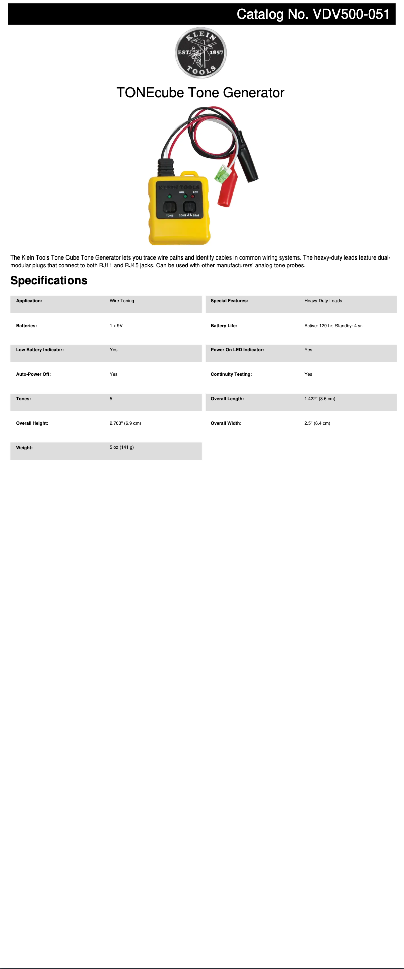 Página 1 del manual Ficha técnica Klein Tools VDV500-051
