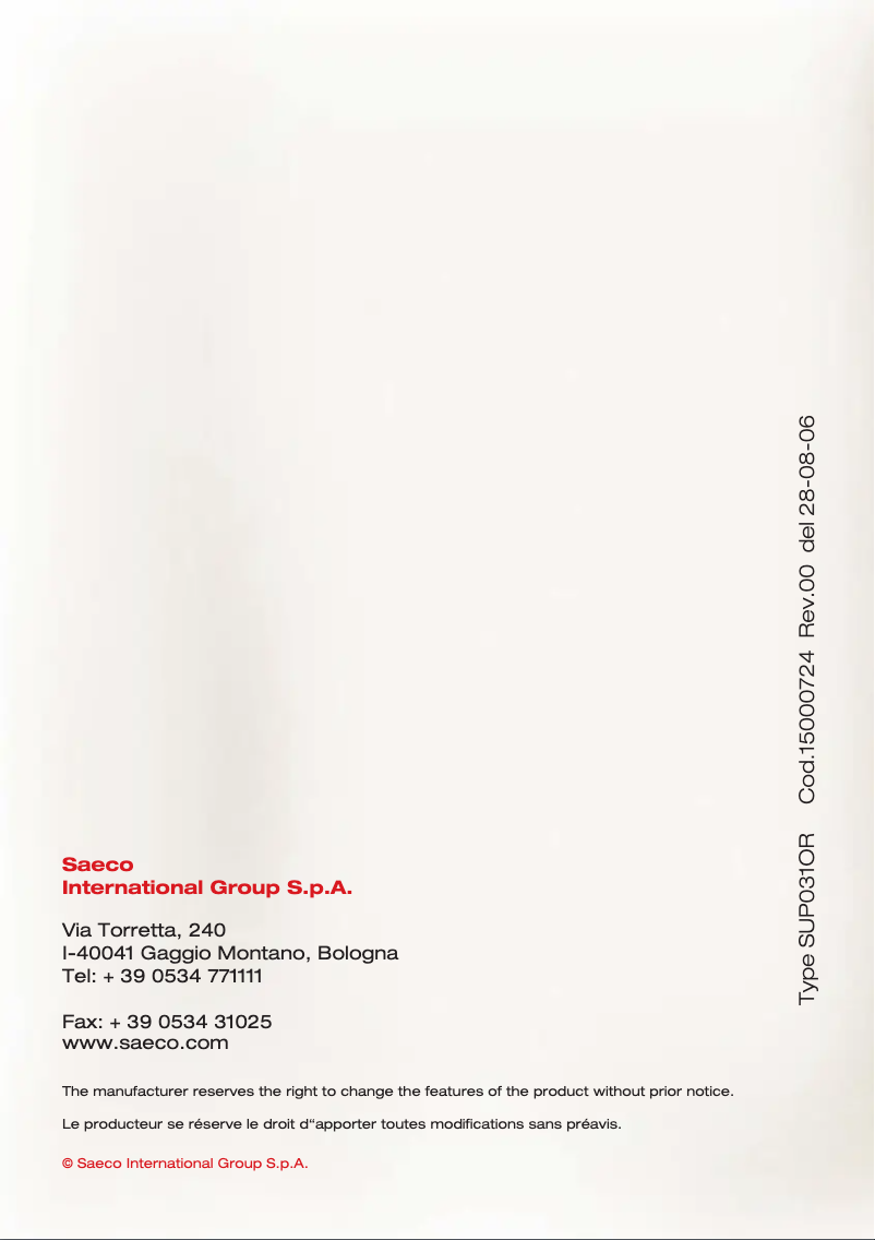 Page 1 of the manual User Manual Philips Philips Saeco 10001606