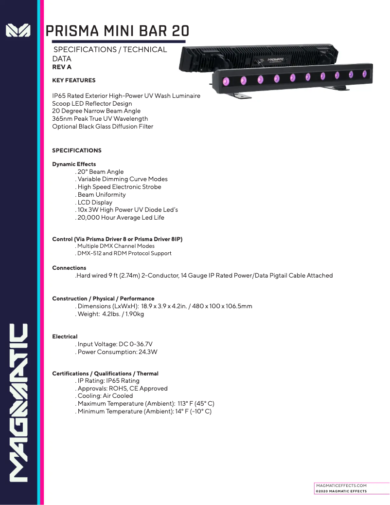 Page 1 de la notice Fiche technique Elation Prisma Mini Bar 20
