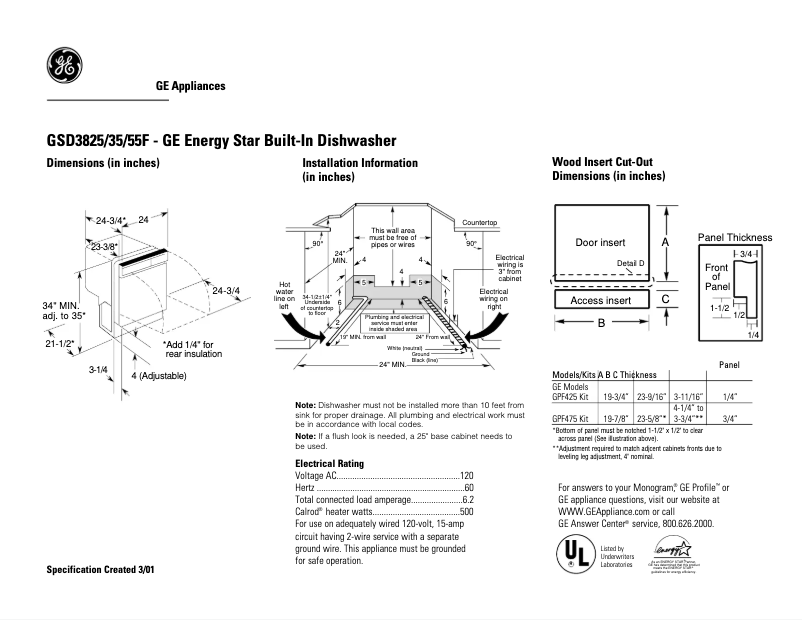 Page 1 de la notice Fiche technique GE GSD3855FCC