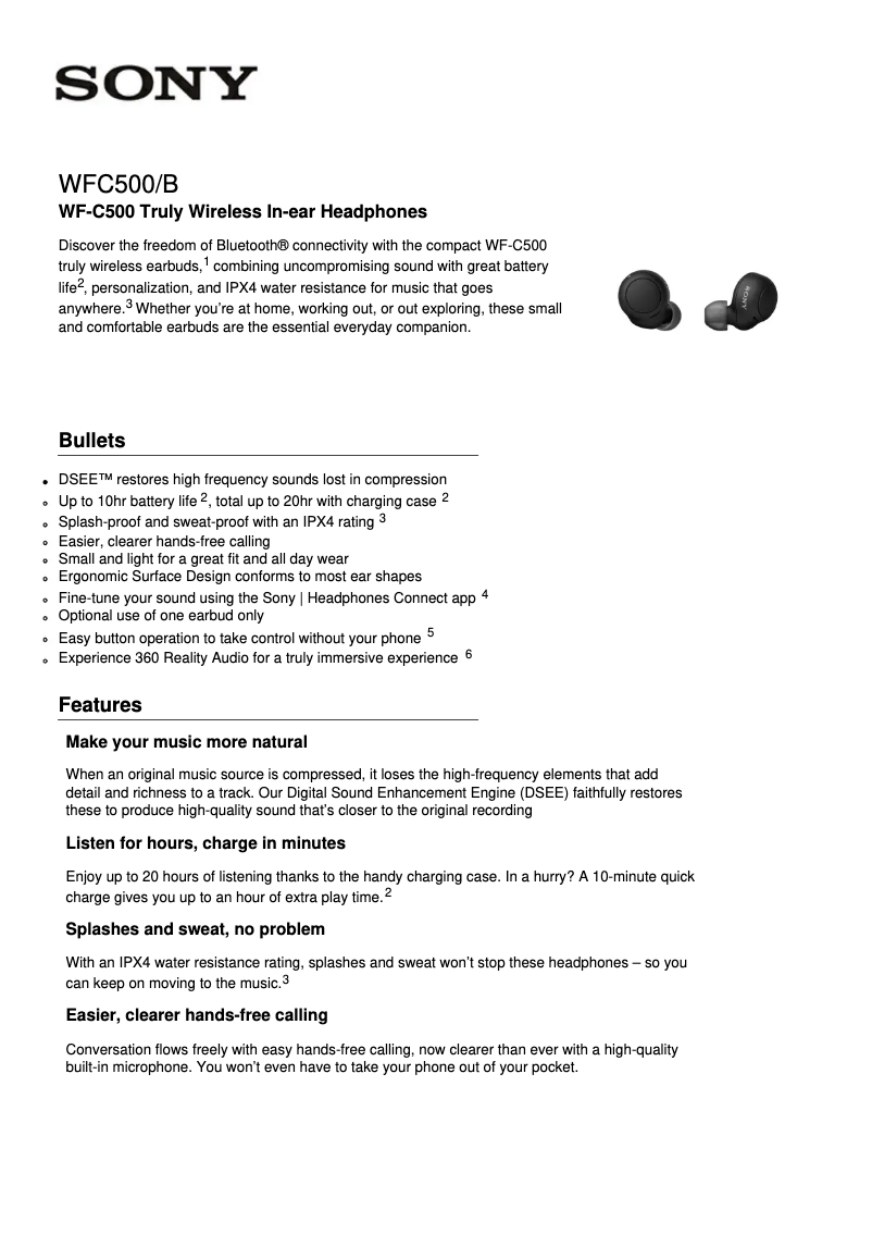 Page 1 de la notice Fiche technique Sony WF-C500