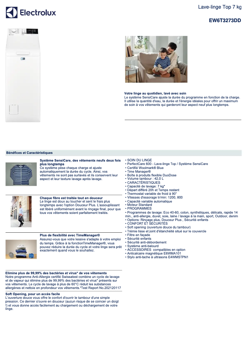 Page 1 de la notice Fiche technique Electrolux EW6T3273DD