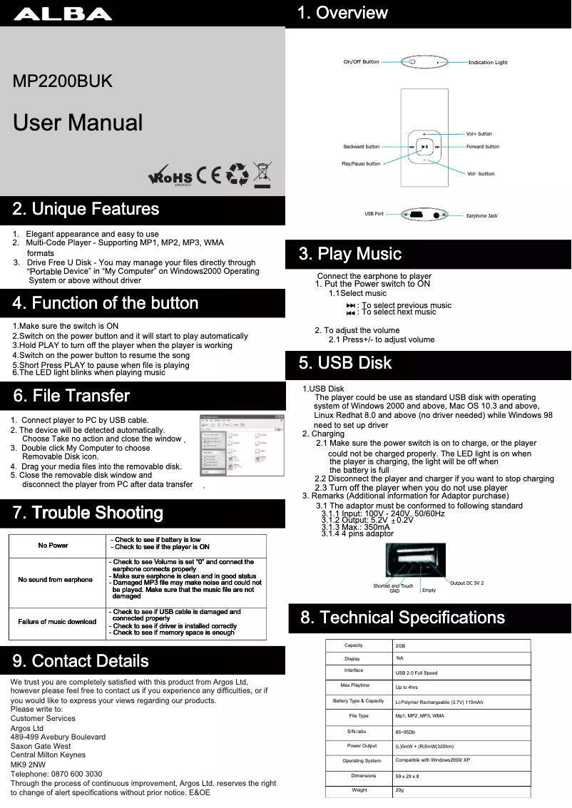 Page n°1 - Manuel utilisateur Curtis MP2200BUK
