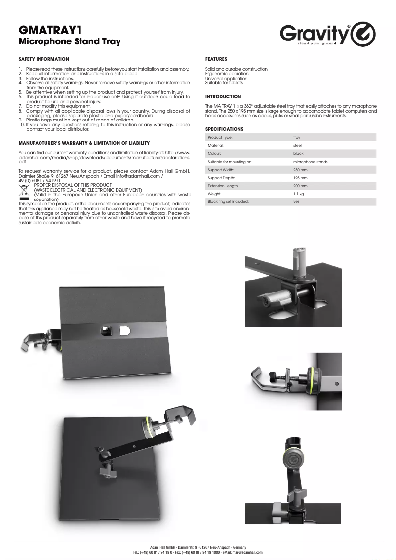 Page 1 de la notice Manuel utilisateur Gravity GMATRAY1