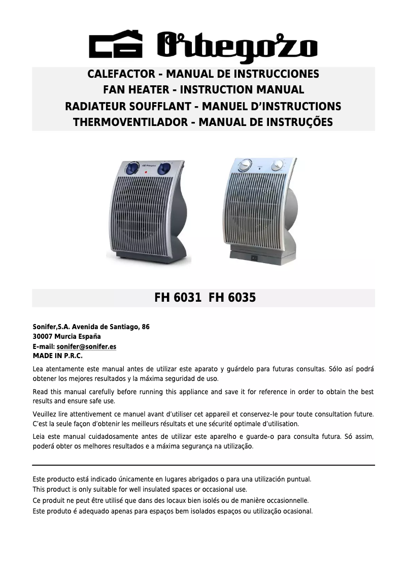 Page 1 de la notice Manuel utilisateur Orbegozo FH 6031