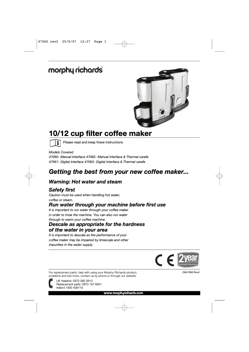 Page 1 de la notice Manuel utilisateur Morphy Richards 10/12 cup filter 47060