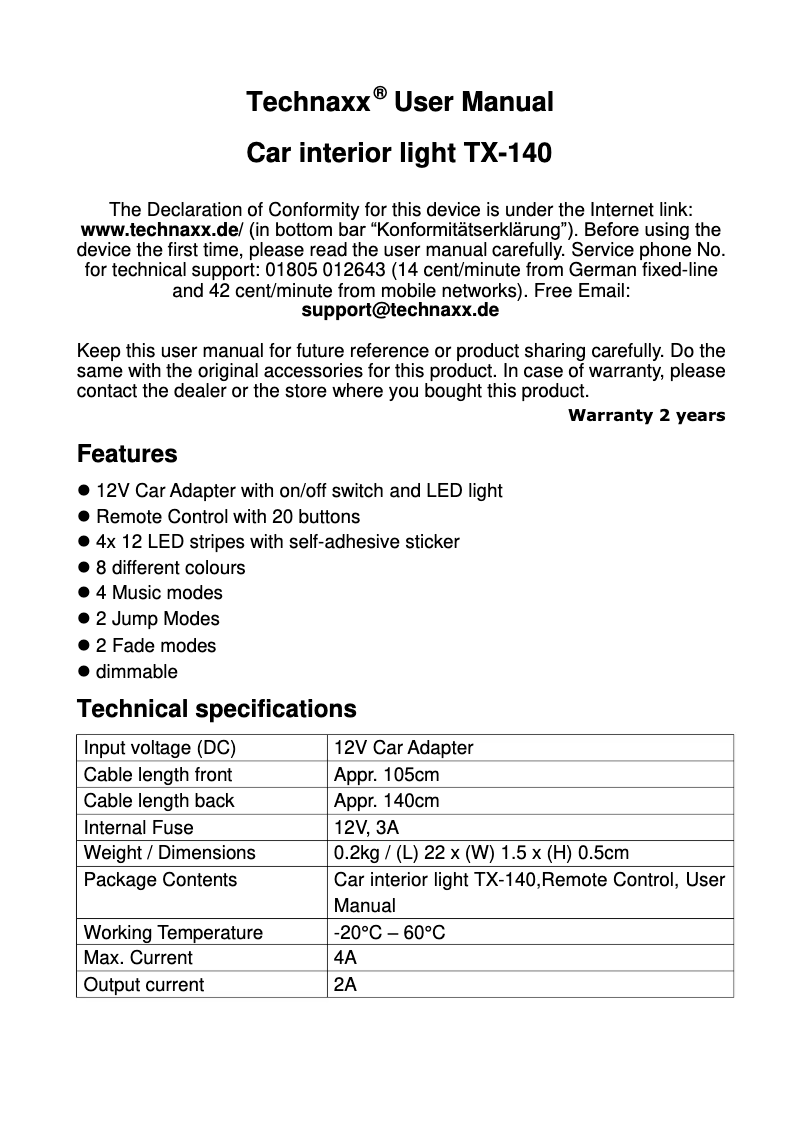 Page n°1 - Manuel utilisateur Technaxx TX-140