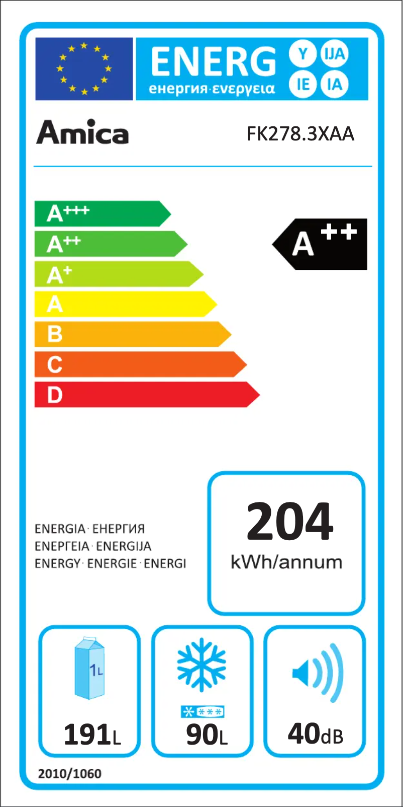 Page 1 of the manual Energy Label Amica FK278.3XAA