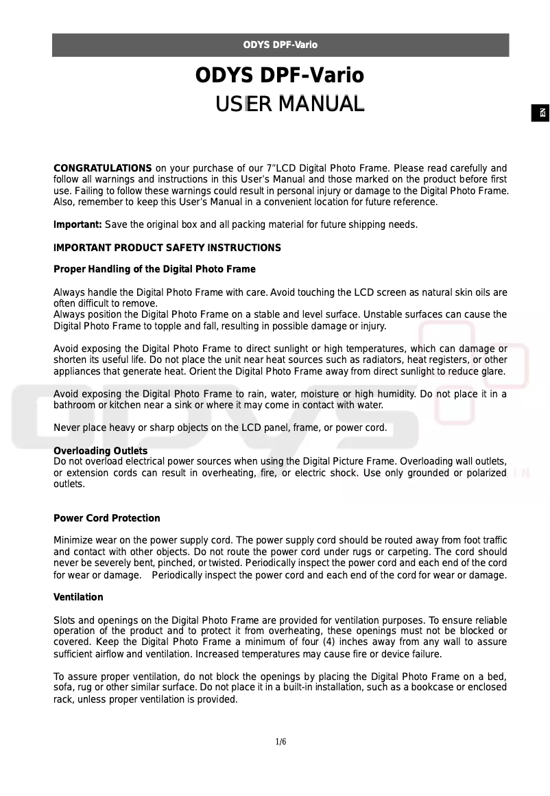 Page 1 de la notice Manuel utilisateur Odys DPF-VARIO