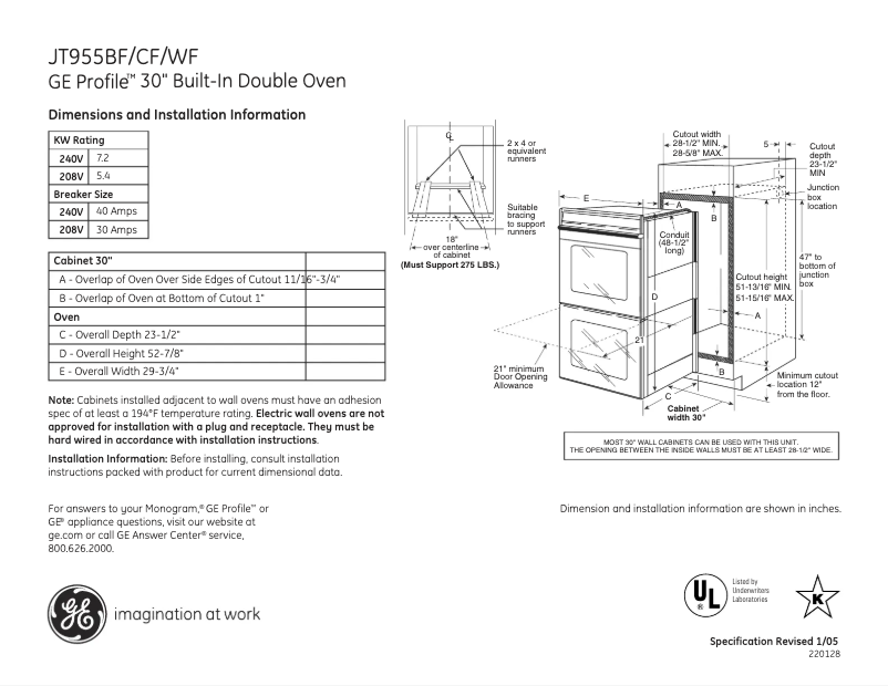 Page 1 de la notice Fiche technique GE JT955CFCC
