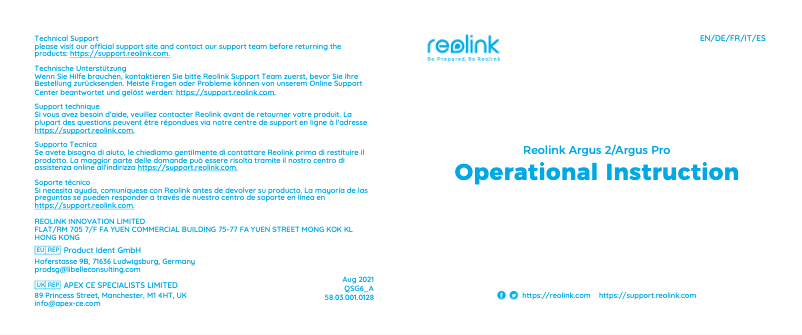 Page 1 de la notice Guide de démarrage rapide Reolink Argus 2