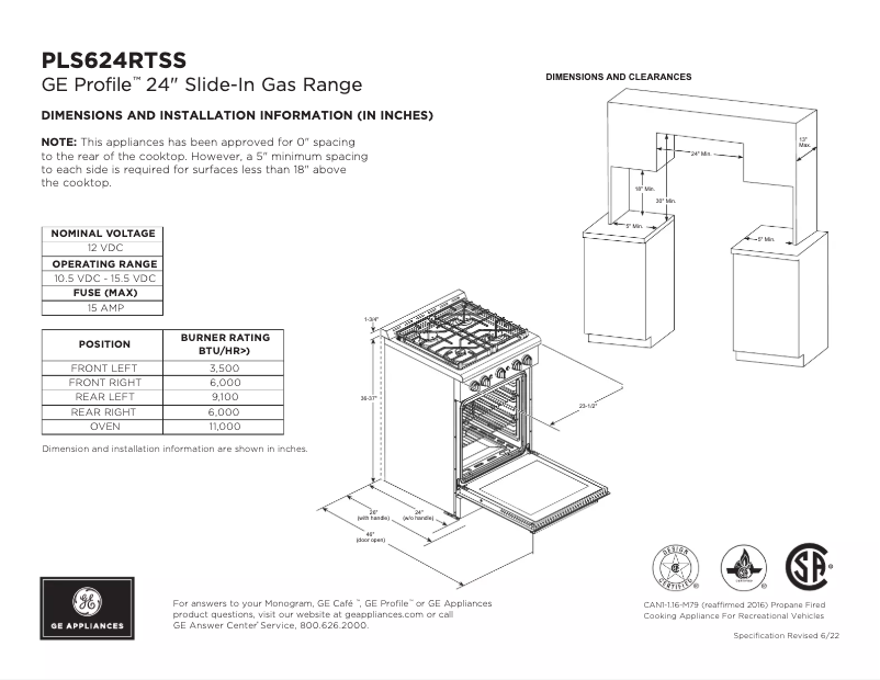 Page 1 of the manual Technical Sheet GE Profile PLS624DTBB