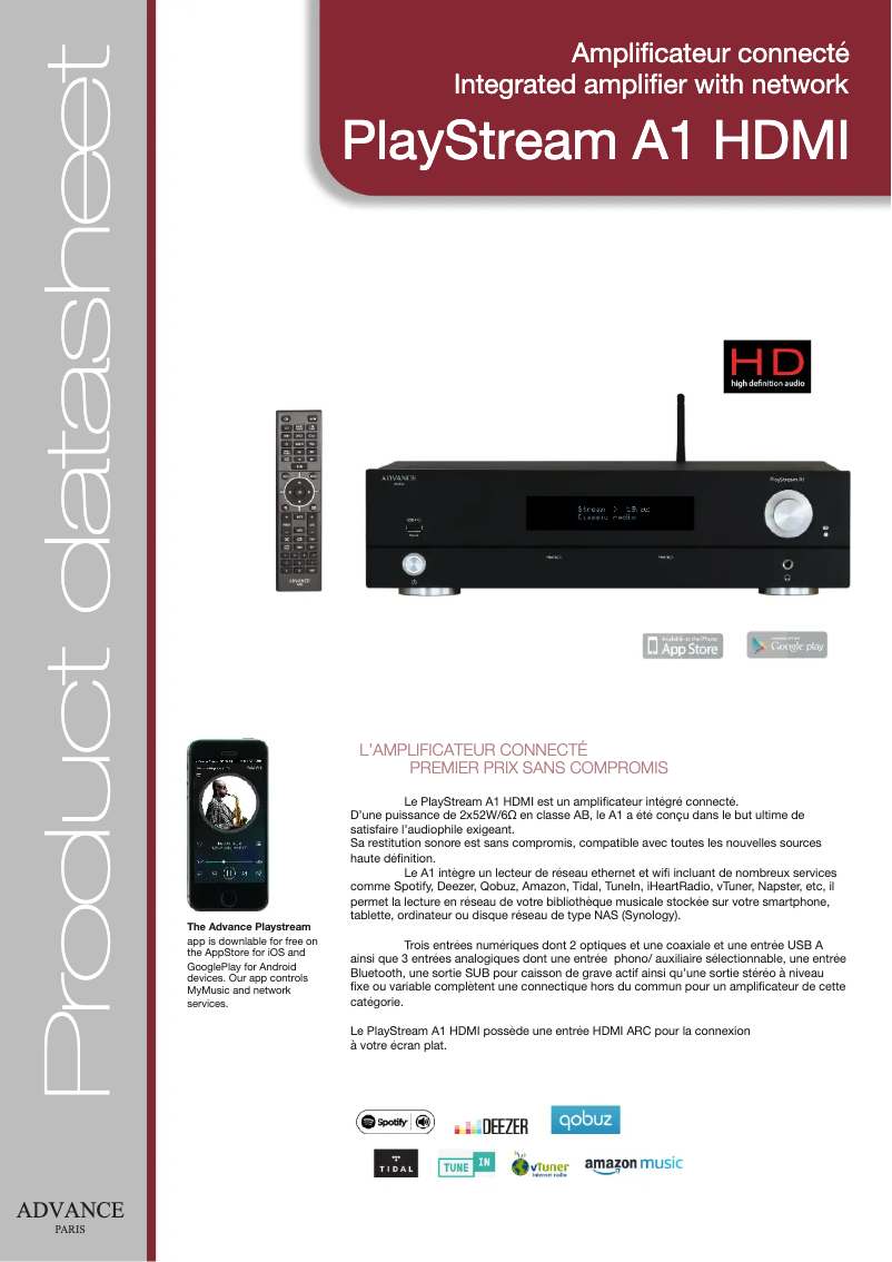 Page 1 de la notice Fiche technique Advance PlayStream A1