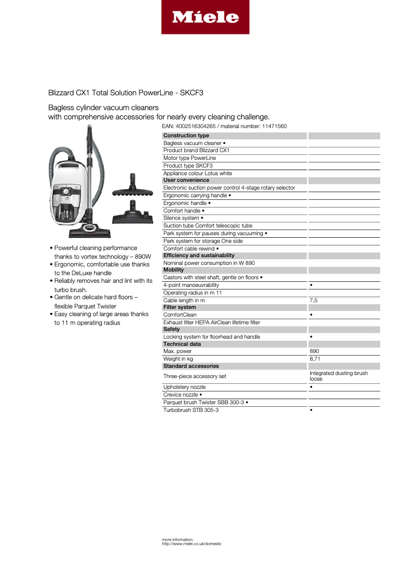 Page n°1 - Fiche technique Miele Blizzard CX1 Total Solution PowerLine