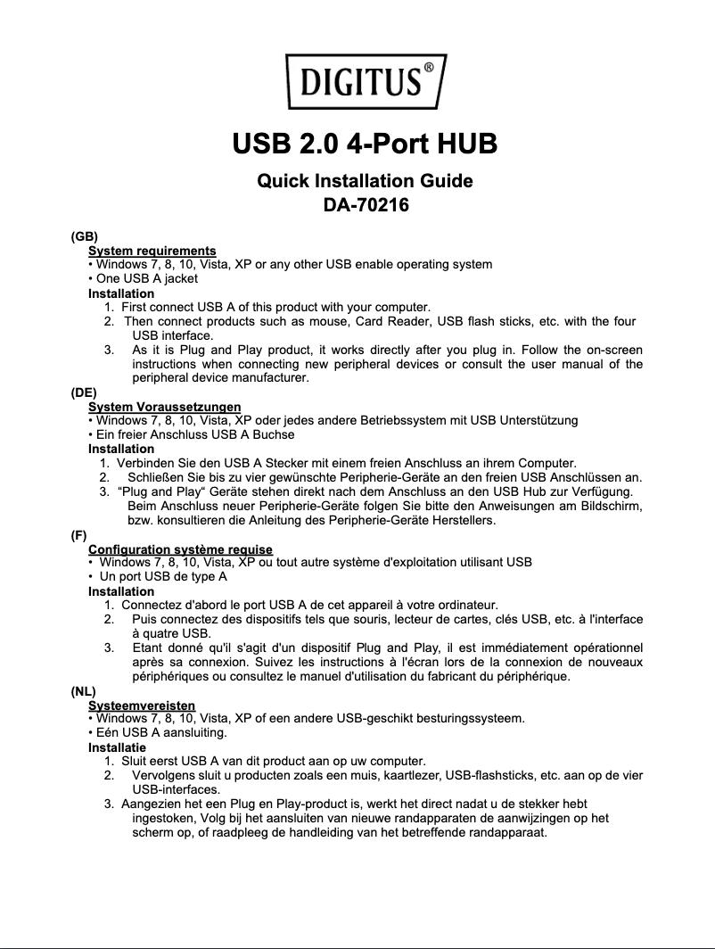 Page 1 de la notice Manuel utilisateur Digitus DA-70216