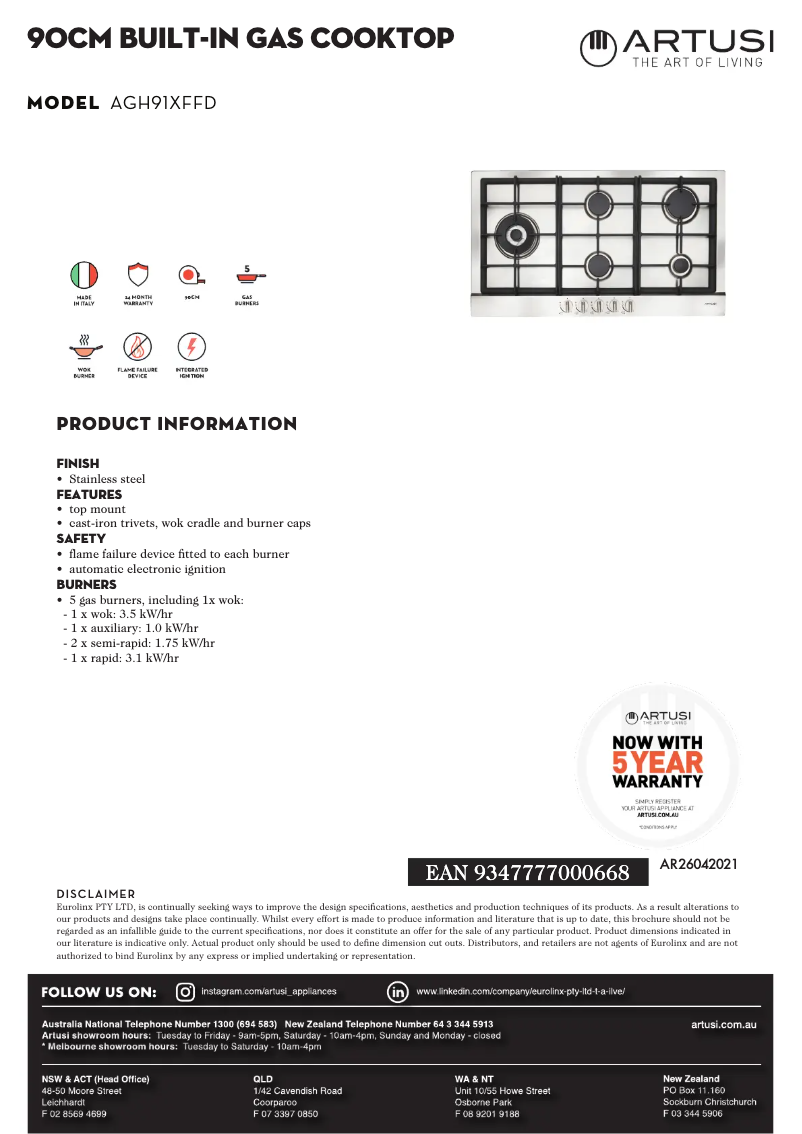 Page 1 de la notice Fiche technique Artusi AGH91XFFD