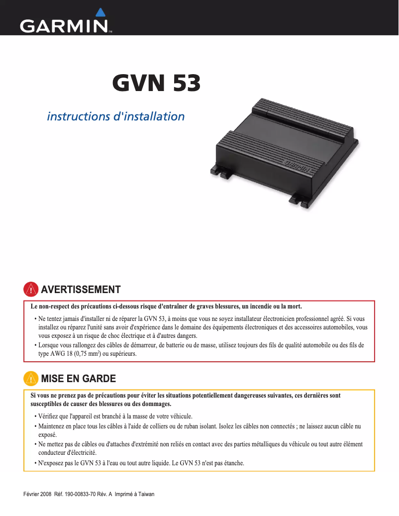Page n°1 - Guide d'installation Garmin GVN 53