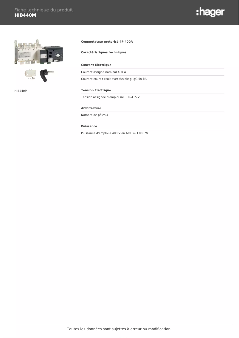 Page n°1 - Fiche technique Hager HIB440M