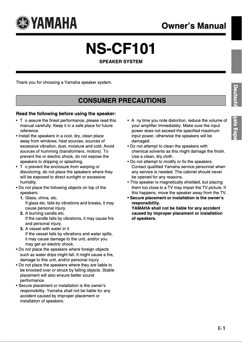 Page n°1 - Manuel utilisateur Yamaha NS-101