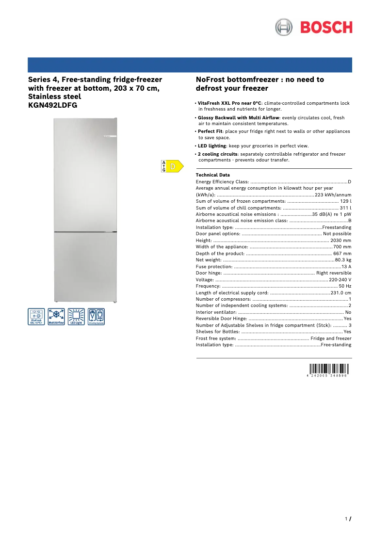 Page n°1 - Fiche technique Bosch KGN492LDFG