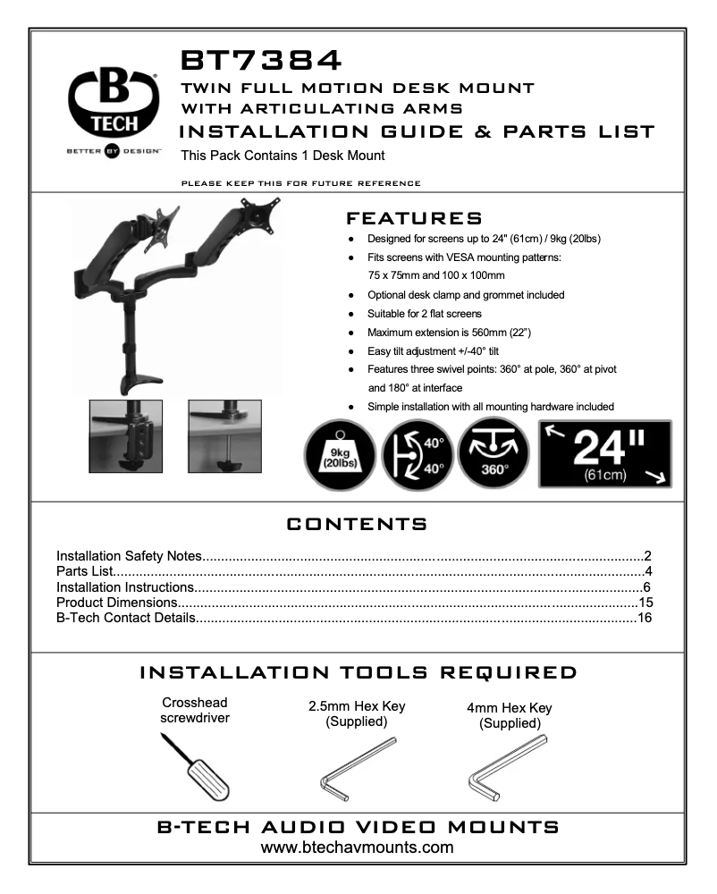 Page 1 de la notice Manuel utilisateur B-Tech BT7384