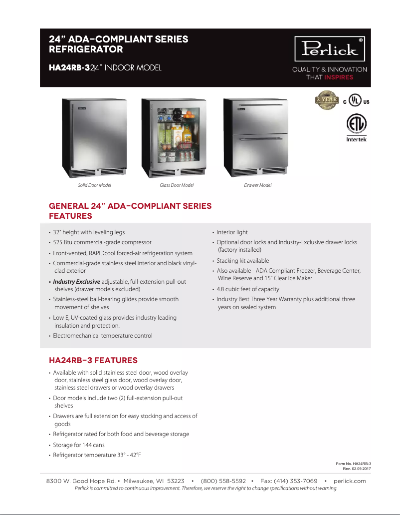 Página 1 del manual Ficha técnica Perlick HA24RB-3-5