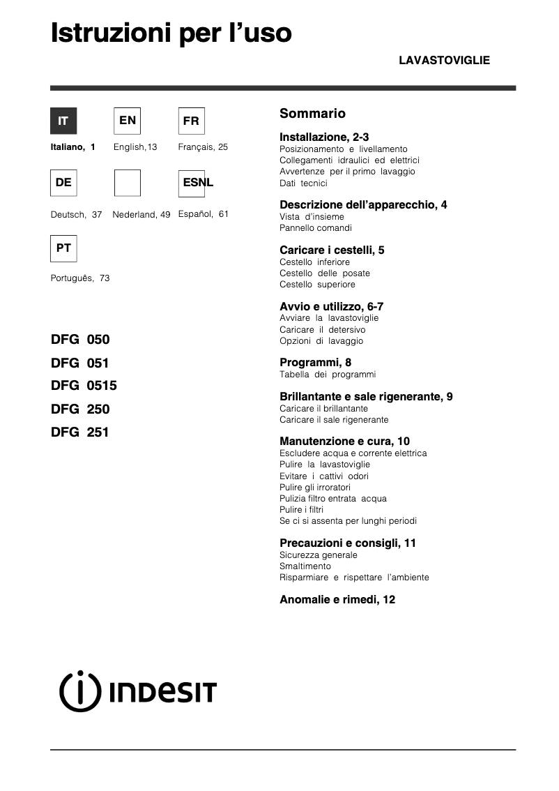 Page 1 de la notice Manuel utilisateur Indesit DFG 051