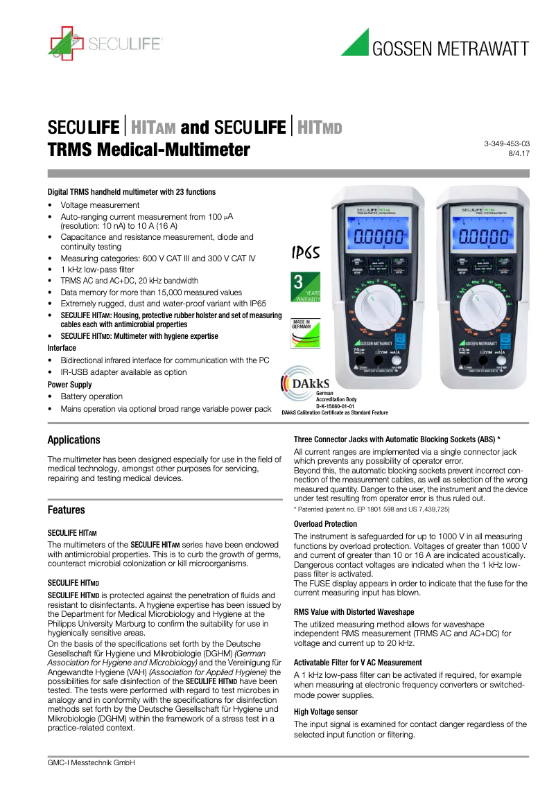 Page 1 de la notice Fiche technique Gossen Metrawatt SECULIFE HIT AM