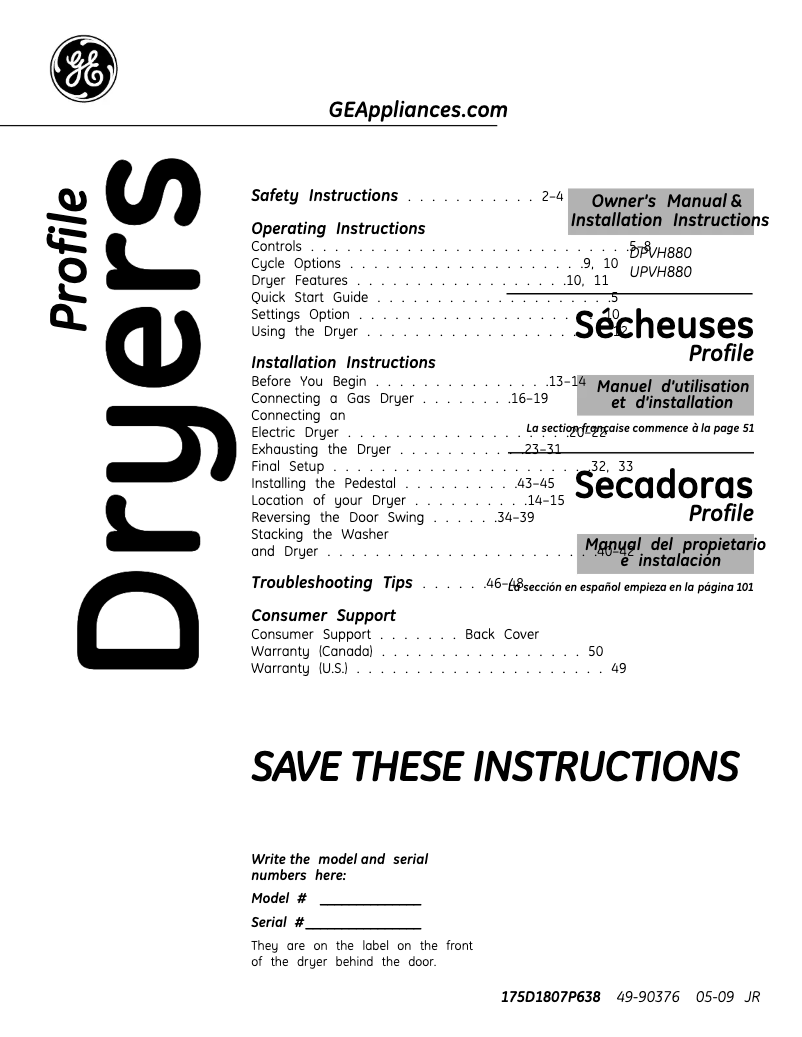 Page n°1 - Guide d'installation GE Profile DPVH880EJWW